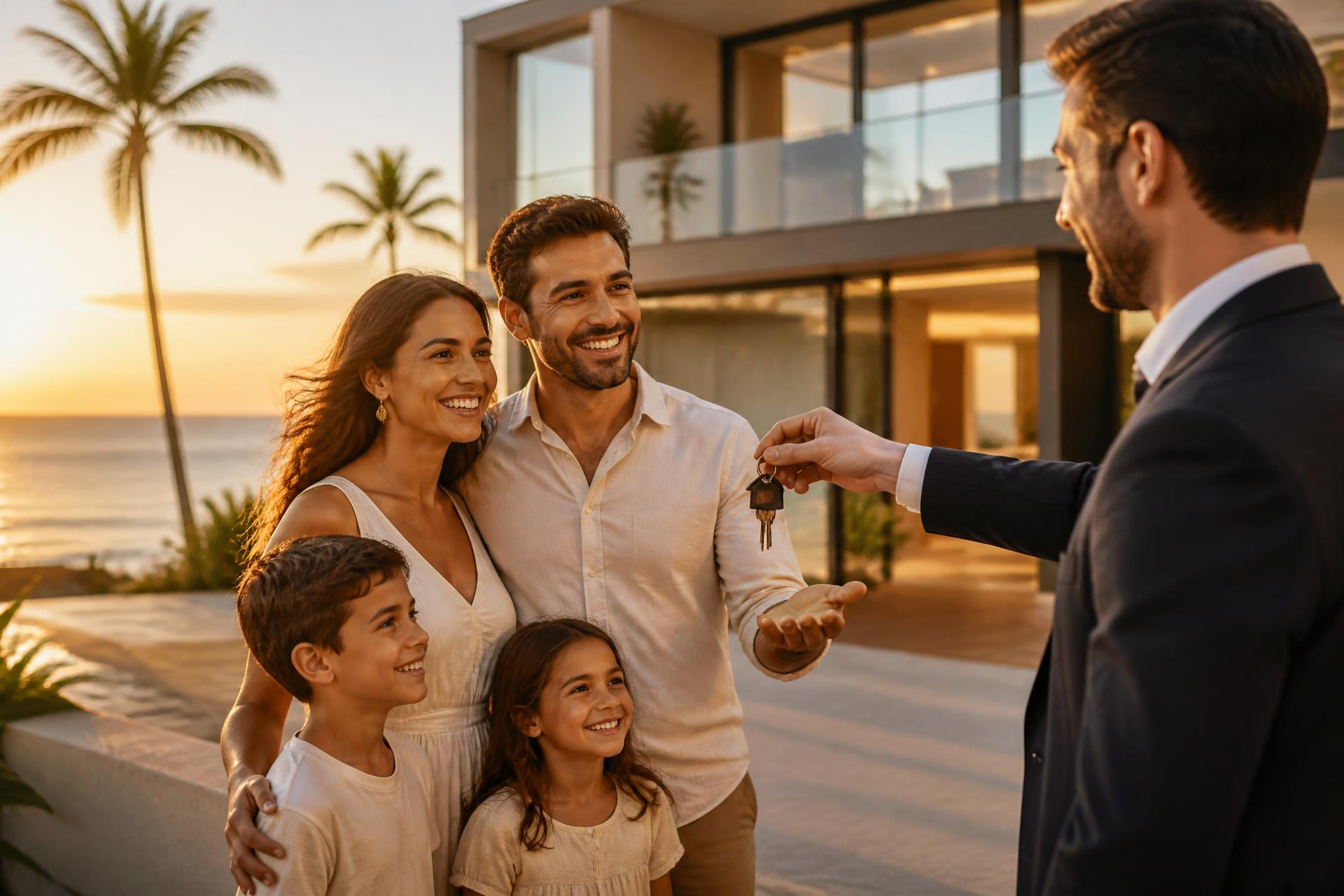 Família feliz recebendo as chaves de sua nova casa no litoral